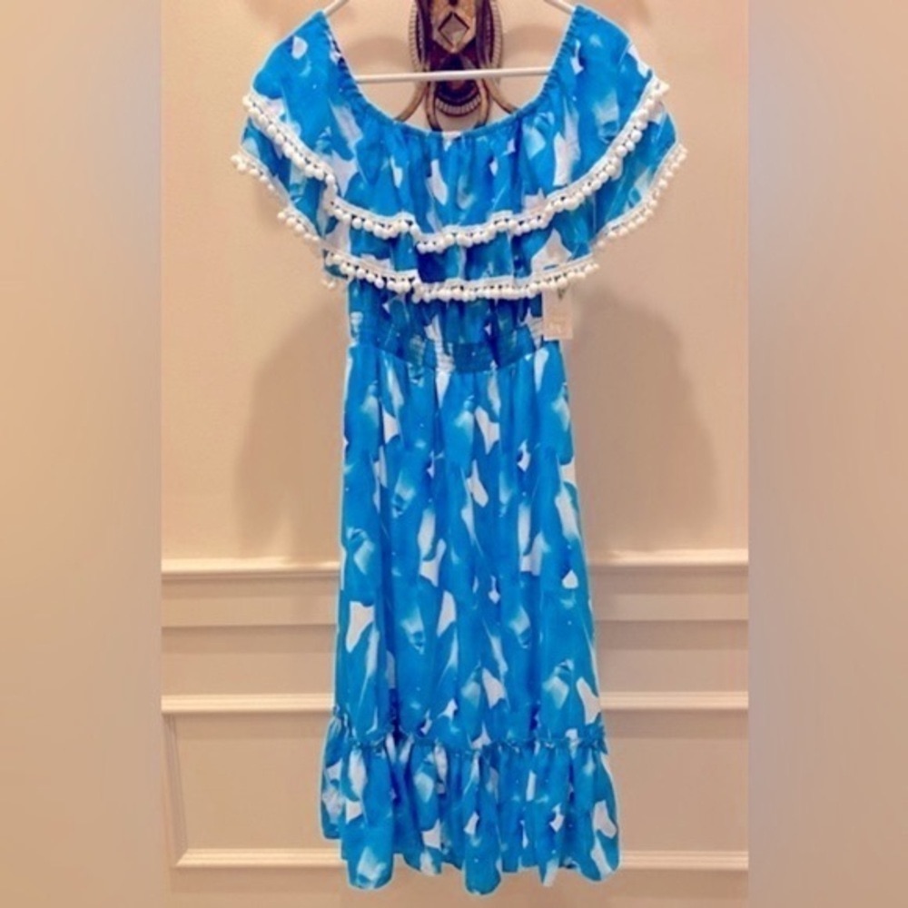 Nwt Palms Away By Red Dress *Blue Palm* Off Shoulder Midi Dress Size: S — image 2 of 4